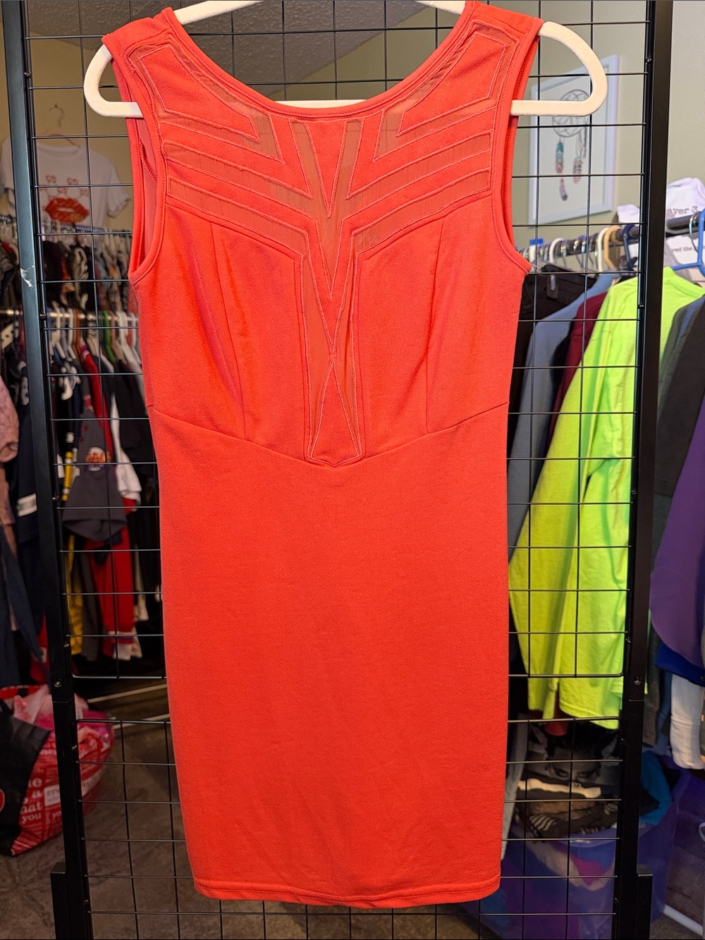 Tobi Coral Sleeveless Mini Dress with Mesh Yoke